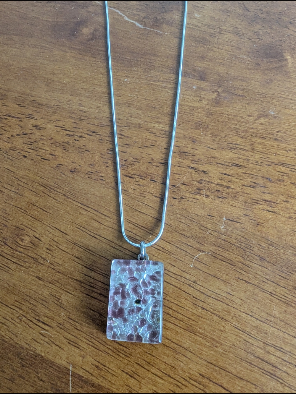 Silver Necklace with Pink Textured Rectangular Glass Pendant